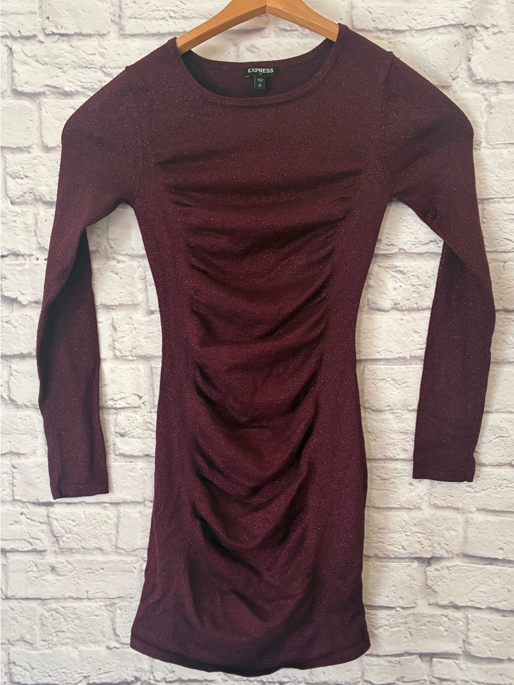 Express Women's Burgundy Holiday Long-Sleeve Ruched Bodycon Dress - Small